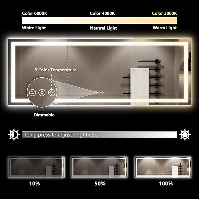 96x36 Inch LED Bathroom Mirror with Lights Front and Backlit Lighted Vanity Mirror for Bathroom Wall with 3 Colors Dimmable Anti-Fog Memory Shatter-Proof IP54 Waterproof Horizontal/Vertical