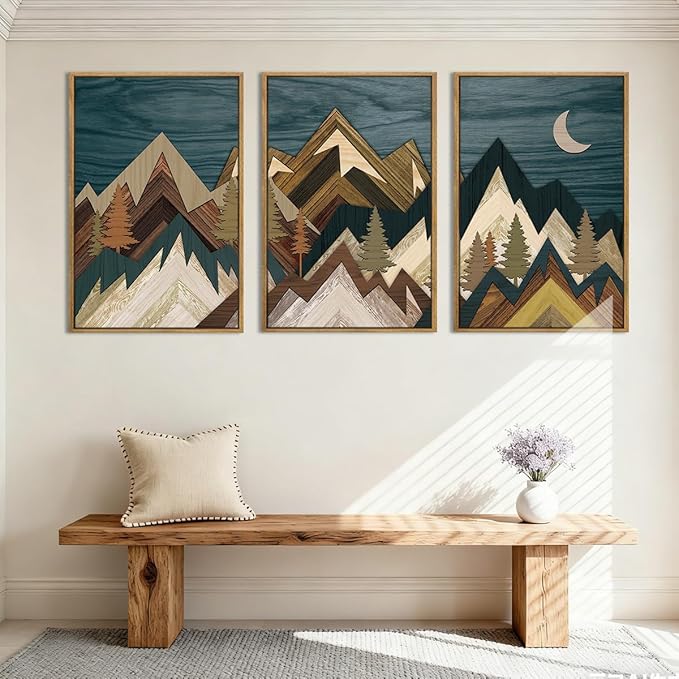 BINCUE Framed Mountain Wall Art Landscape Wall Decor Moon and Nature Artwork for Bedroom Living Room Office 16x24 Inches Set of 3