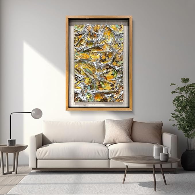 BrightA Textured silver leather abstract art - vibrant spray-painted fluid colors (yellow/orange/green) with solid wood frames, modern wall sculptures, contemporary living room 31.5"x47.2"