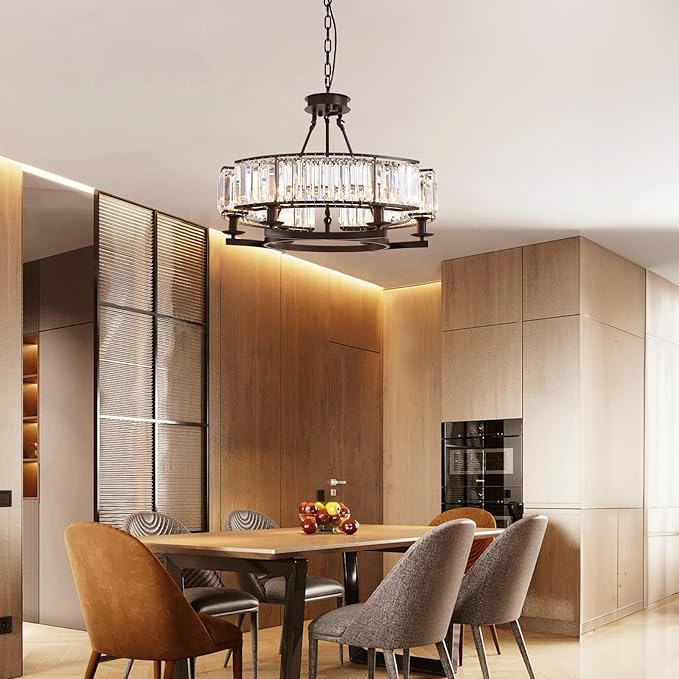 NOXARTE Round Crystal Chandelier 6 Lights Hanging Chandelier Pendant Light Ceiling Fixture Black Iron Frame for Dining Room Living Room Farmhouse D26 Inch x H20 Inch