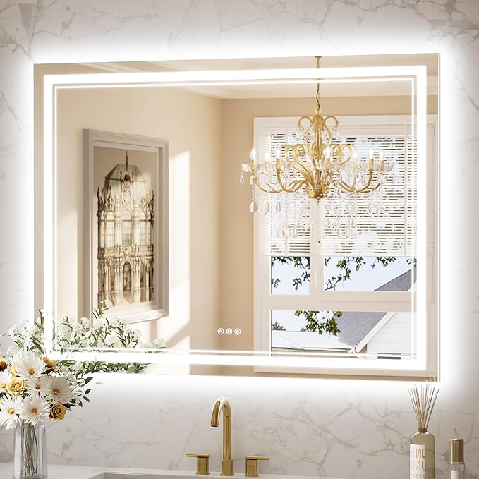 Keonjinn Bathroom Mirror with Lights 47.6" x 35.8" with Backlit and Front Light, Stepless 3 Colors Temperature Dimmable LED Bathroom Mirror, UL Listed LED Driver, Tempered Glass Lighted Vanity Mirror