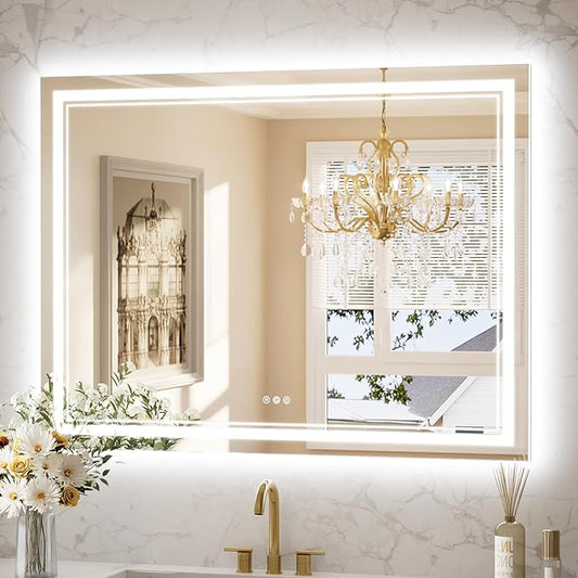 Keonjinn Bathroom Mirror with Lights 47.6" x 35.8" with Backlit and Front Light, Stepless 3 Colors Temperature Dimmable LED Bathroom Mirror, UL Listed LED Driver, Tempered Glass Lighted Vanity Mirror