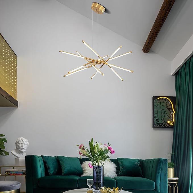 Modern Gold Chandelier,12 Lights Linear Pendant Light Fixtures LED Chandeliers for Dining Room Farmhouse Hanging Light for Bedroom,Living Room,Kitchen Island