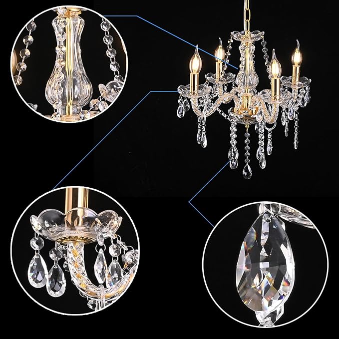 MALOSA Small Gold Crystal Chandeliers,Modern 4 Lights Mini Chandelier,Antique Candle Glass Chandelier for Bedroom,Living Room,Entryway