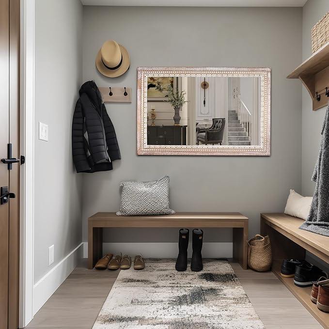 36x24 Inch Wooden Rectangle Bathroom Mirror with Beaded Frame, Rustic Farmhouse Decorative Wall Mirrors for Over Sink, Living Room, Entryway (Horizontal/Vertical Mounting)