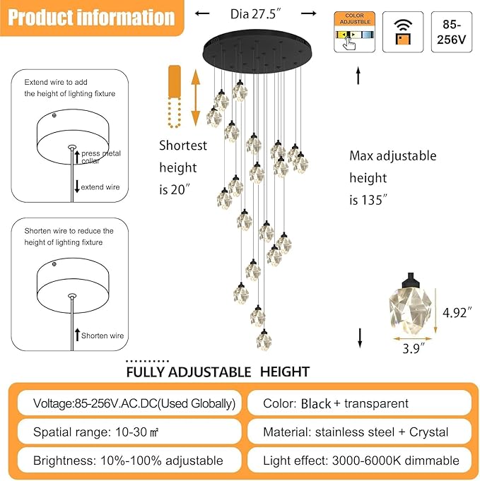 Large High Ceilings Chandeliers Modern Long Crystal Spiral Chandeliers,K9 Crystal Drop Chandelier for Staircase Foyer Entryway 20 Lights Black D28XH135inch