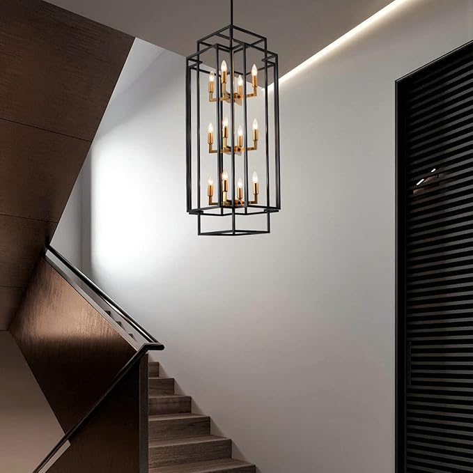 12-Light Kitchen Island Lighting, Modern Farmhouse Dining Room Light Fixtures Over Table, Black and Gold Chandelier for Dining Room, Living Room, Foyer, Entry, Staircase, Hallway