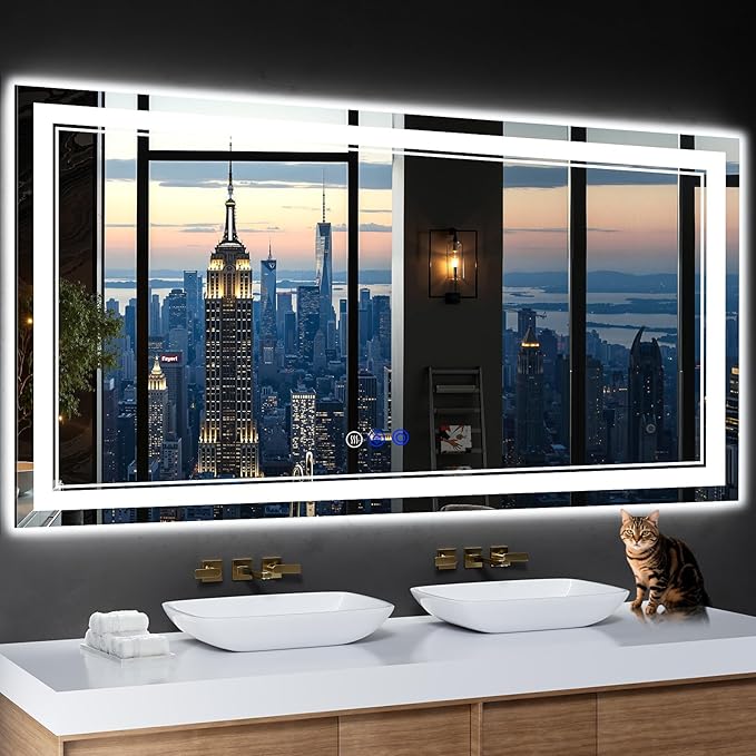 60"x30" LED Bathroom Mirror with Anti-Fog, Stepless Dimmable Lights, 3 Color Modes, Shatter-Proof Tempered Glass, Memory Function & Waterproof Design