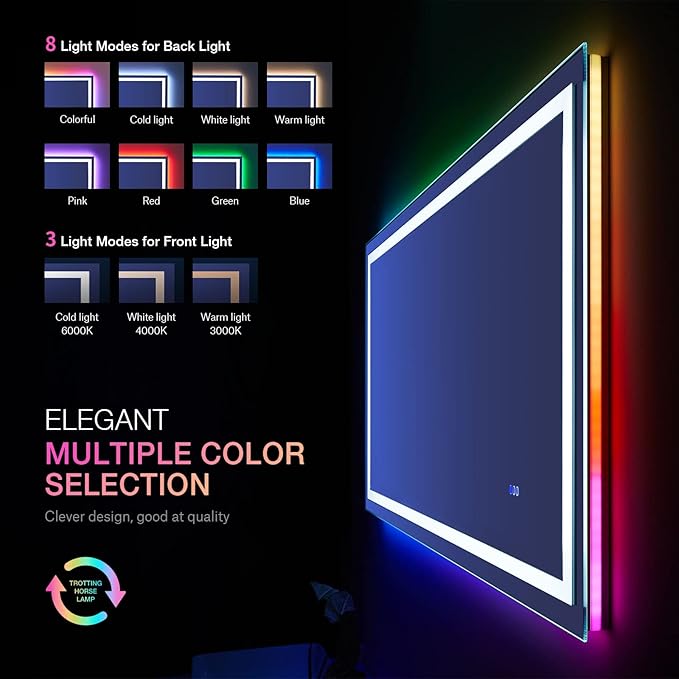 LOAAO 48"X30" LED Bathroom Mirror with Lights, Anti-Fog, Dimmable, RGB Backlit + Front Lighted, Bathroom Vanity Mirror for Wall, Memory Function, Waterproof, Tempered Glass