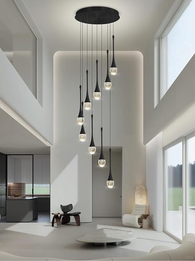9-Lights Black Pendant Chandliers 100'' High Staircase Ceiling Chandeliers Crystal Bubble Raindrop Lighting Chandelier Ceiling Living Room Dimmable 2700-6000k LED Dining Lighting
