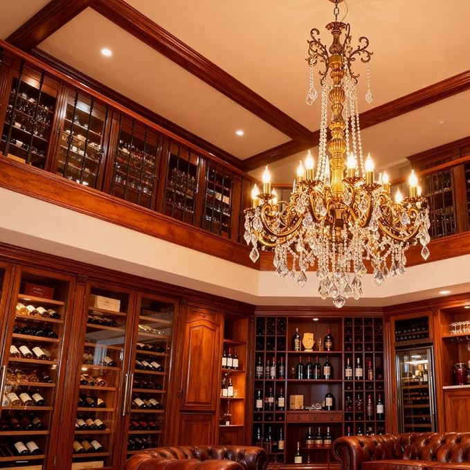 Antique Crystal Chandelier, 15-Lights Gold Bronze Candle Pendant Ceiling Light Fixture with K9 Crystals for Hotel, Living Room, Bedroom, Kitchen Island, Hallway, Dia 32"