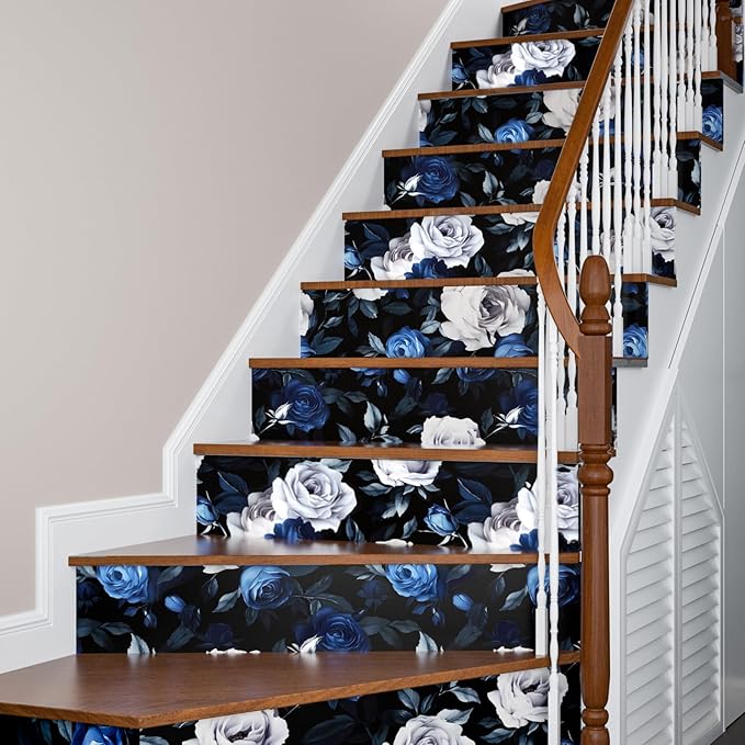 Black Foral Wallpaper Peel and Stick Dark Blue White Rose Contact Paper 17.4" x 393", Self-Adhesive Removable Vintage Flower Wall Paper for Bedroom Countertop Desk Cabinets Decor Renter Friendly