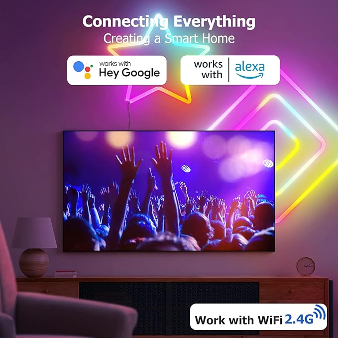 16.4ft WiFi RGB Rope Lights with Music Sync, Waterproof Flexible Dimmable Smart LED Strip Lights for Bedroom with Remote and Adapter, Compatible with Alexa, Indoor Outdoor Decor