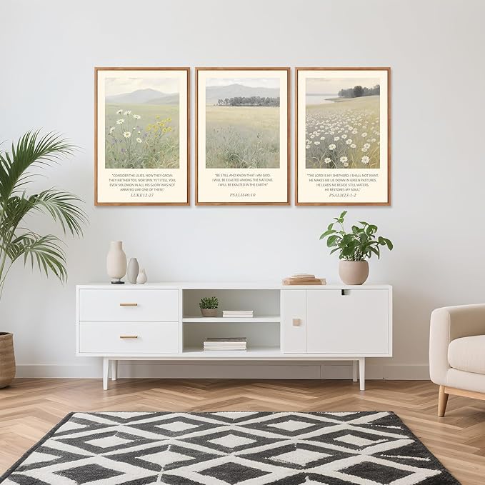 Aurlan Christian Bible Verses Scripture Framed Wall Art(24"x36"), 3PCS Boho Wildflowers Landscape Nature Canvas Artwork, Religious Luke12:27 Psalm46:10 Psalm23:1-2 Jesus Faith Gift Decor for Home Office Bedroom