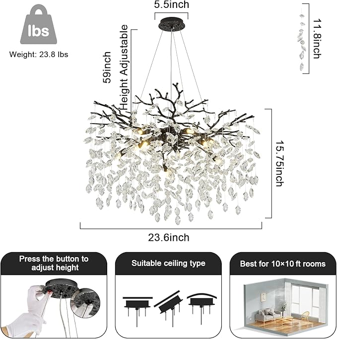 Modern Farmhouse Chandeliers for Dining Room, 24" Black Crystal Chandelier Round Tree Branch Chandelier 8-Light Dining Room Light Fixture Adjustable Antique Vintage Chandelier for Living Room