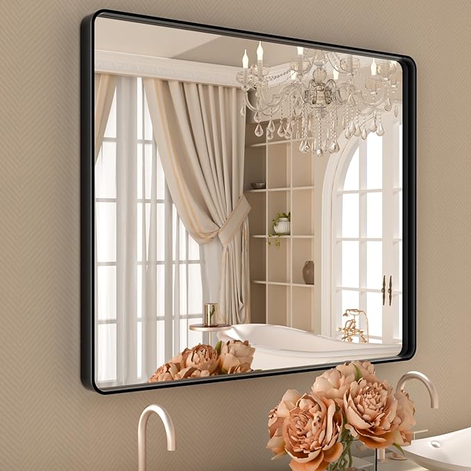 Black Wall Mirror for Bathroom 30x36 Inch,Matte Black Metal Framed Vanity Mirror,Tempered Glass,Anti-Rust,Horizontal or Vertical