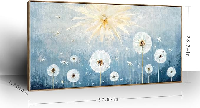 Nicetop Extra Large Framed Artwork for Walls– Giant Blue Floral Wall Picture with Wood Frame Dandelion Flower Plant Canvas Print Landscape Wall Art for Big Living Room,Office or Bedroom, 58x29Inch