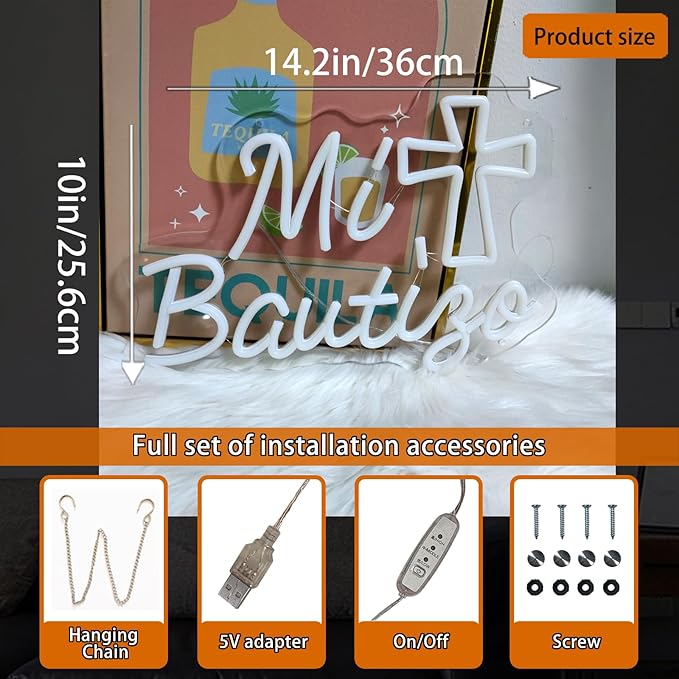 Mi Bautizo Neon Signs for Wall Decor, 14.2 * 10 Inches My Baptism Led Light Sign Perfect for Children's Birthday Party, Bedroom, Home, Room, Garden, Pub Bar, Easter, INSNEnN