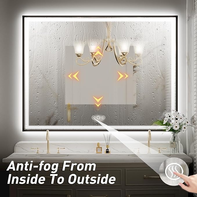 48x30 Inch LED Bathroom Mirror with Lights, Frontlit & Backlit Black Metal Frame Mirror, Wall Mounted Lighted Vanity Mirrors, Double Lights Strips,Anti Fog Dimmable & 3 Colors Temperature