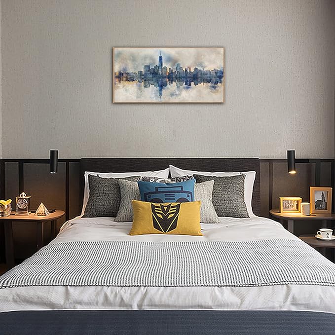 NYC Framed Canvas Wall Art Abstract Painting Wall Decor Indigo Blue Gray Panoramic Art Print New York Skyline Reflection Pictures Artwork Modern City Landscape Living Room Bedroom Decoration 20" x 40"