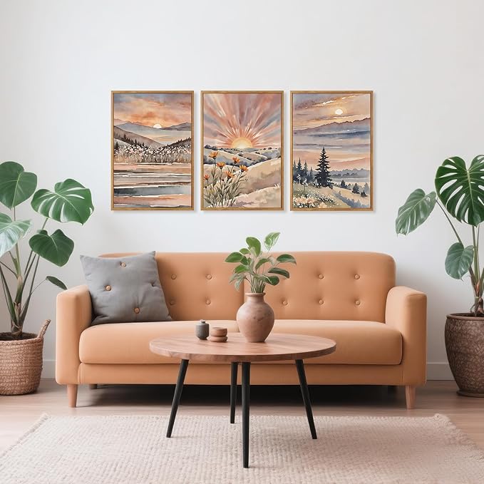 CHDITB Boho Sun Canvas Wall Art Set, Sunrise and Sunset Mountain Wall Decor, Watercolor Mountains Landscape Art Prints, Vintage Floral Nature Paintings for Living Room, Bedroom, Office - 16"x24"x3