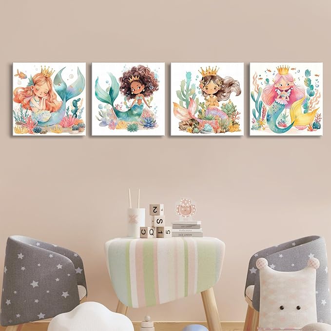 Nursery Room Mermaid Wall Art Girls Bathroom Mermaid Princess Pictures Girly Bedroom Decor Cute Succulent Underwater World Ocean Life Painting Canvas Print Baby Kids Playroom Home Decoration 12×12" 4P