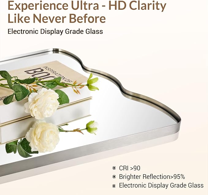 ANDY STAR 24x36 Brushed Nickel Scalloped Bathroom Mirror, Unique Irregular Wall Mirror, Rustproof Stainless Steel Wavy Metal Frame for Contemporary Bathroom Decor