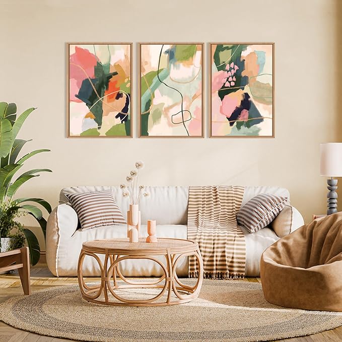 Colorful Abstract Framed Canvas Wall Art Set,Modern Multicolor Pastel Minimalist Line Wall Decor,Boho Green and Pink Painting for Living Room,Bedroom-16 x24 x3
