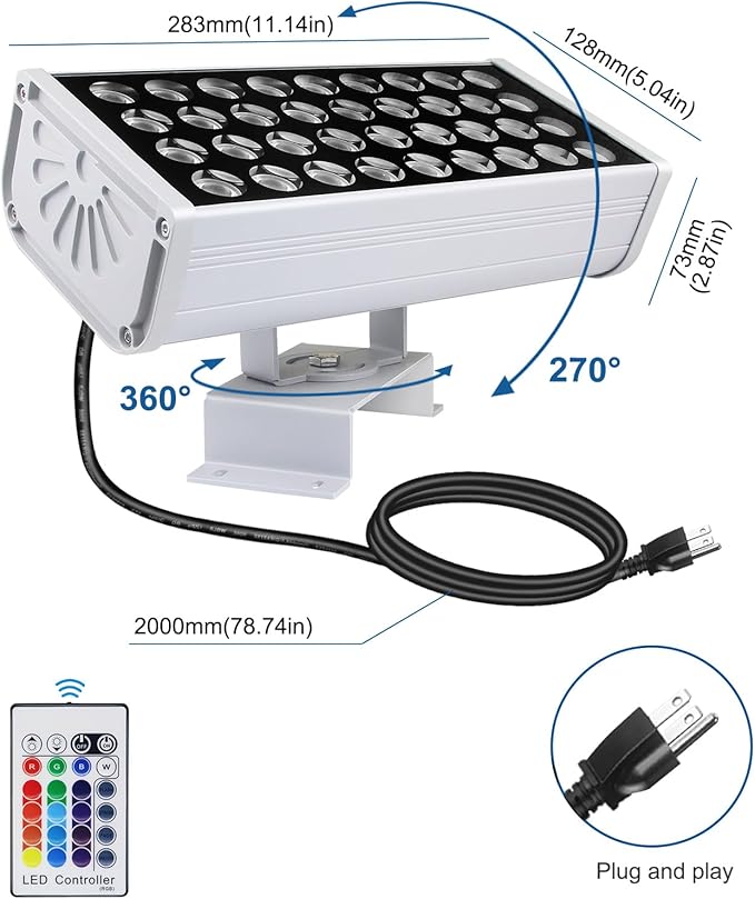 LED Wall Washer Lights RGBW 5000K Color Changing with RF Remote, Dimmable 144W Flood Lights for Church, Bridge, Hotel, Yard, Party, Wedding, Building Wall Decorations