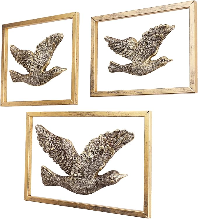 Newinhome Golden Seagull - Handcrafted Resin Bird Figurines Set of 3,Herring Gull Elegant Home Decor for Shelf/Tabletop/Mantel, Wedding Gift & Anniversary Present