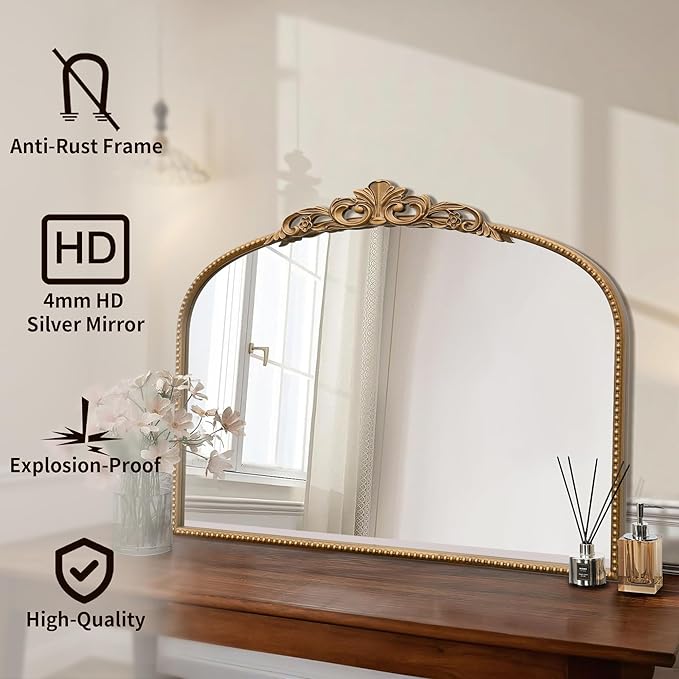 Micasso Vintage Wall Gold Mirror: 24"x 32" French Baroque Antique Mirror - Traditional Ornate Decorative Arched Mirrors for Wall/Bathroom/Entryway/Fireplace/Hallway - Home Decor for Living Room