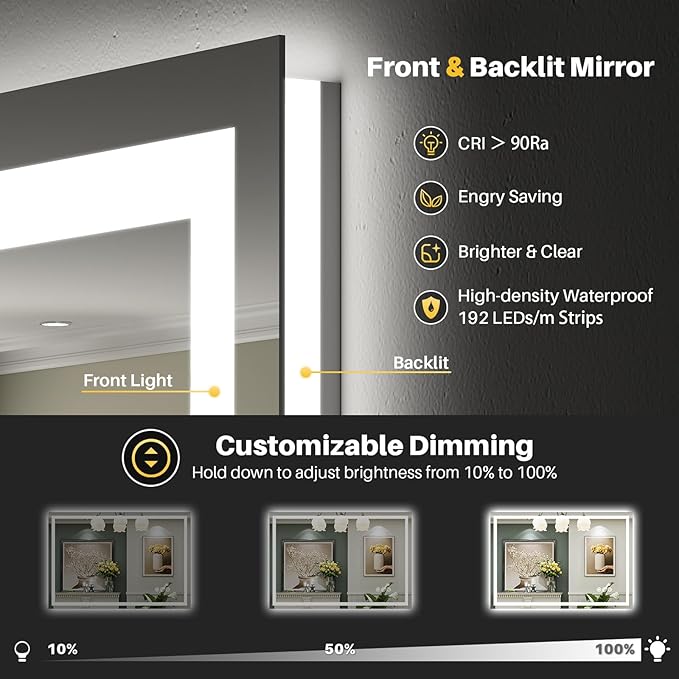 48"x32" LED Bathroom Mirror with Lights, Backlit & Front Lit, Anti-Fog Lighted Bathroom Vanity Mirror for Wall, Memory Function, Dimmable, HD Tempered Glass, Shatter-Proof