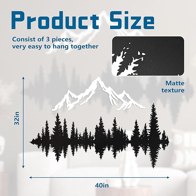 Metal Mountain Wall Art 40" x 32", Mountain Wall Decor, Art Wall Hangings for Living Room, Bedroom, Black and White, 40 Inch Long