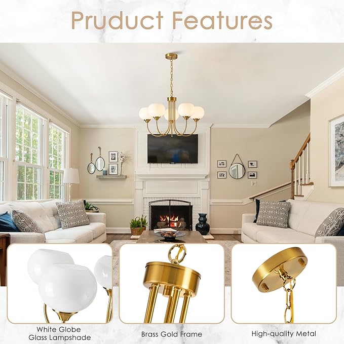Modern Globe Chandelier 5 Light Mid Century White Milk Glass Vintage Sputnik Hanging Chandeliers Gold Pendant Light Fixtures for Dining Room Kitchen Living Room Bedroom