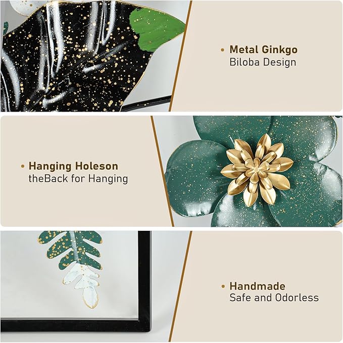 Metal 3D Wall Art Decor 2 Pcs 34" x 15" Wall Decor Handmade Green Leaf Flower Hanging Home Decor with Frame Wall Sculptures Modern for Living Room, Bedroom, Dining Room, Office and Hotel Large
