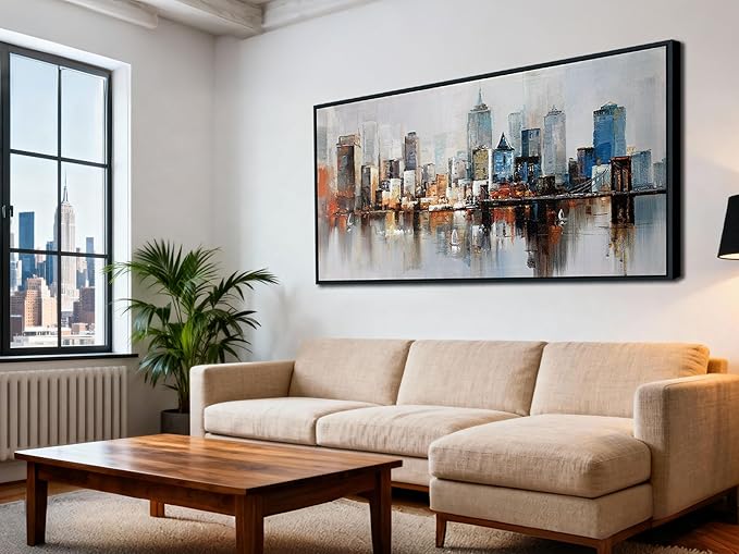 Arjun Brooklyn Bridge Wall Art Modern New York Abstract Canvas Cityscape Painting Colorful NYC Skyline Textured Picture for Living Room Bedroom Home Office Wall Decor, Large Black Wood Framed 48"x24"