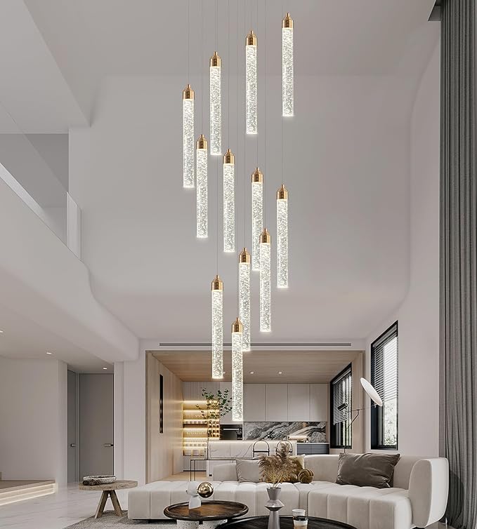 12-Lights High Ceiling Crystal Staircase Chandelier Gold, Modern Spiral Raindrop Dimmable LED Bubble Cluster Ceiling Hanging Lighting Fixture for Foyer Living Room Entrance Remote Control