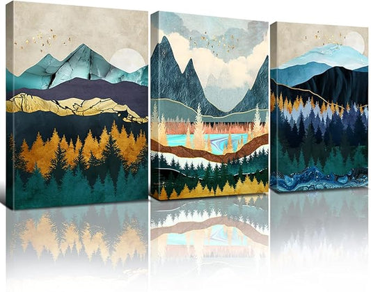 Abstract Mountain Wall Art Boho Nature Pictures for Living Room Watercolor Forest Landscape Wall Decor Nordic Painting Canvas Prints Modern Geometric Artwork Bedroom Bathroom Home Decoration 12x16" 3P