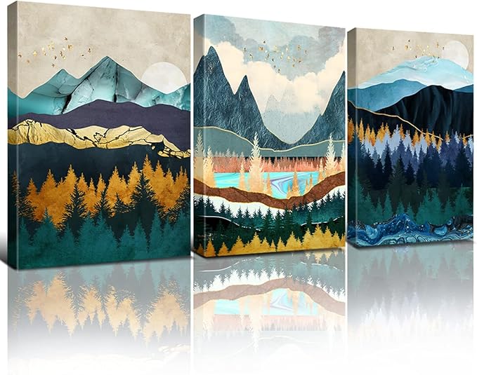 Nature Wall Art Abstract Mountain Pictures for Living Room Blue Forest Landscape Wall Decor Boho Paintings Canvas Prints Mid Century Minimalist Wilderness Modern Artwork Home Decorations 20x28” 3Pcs