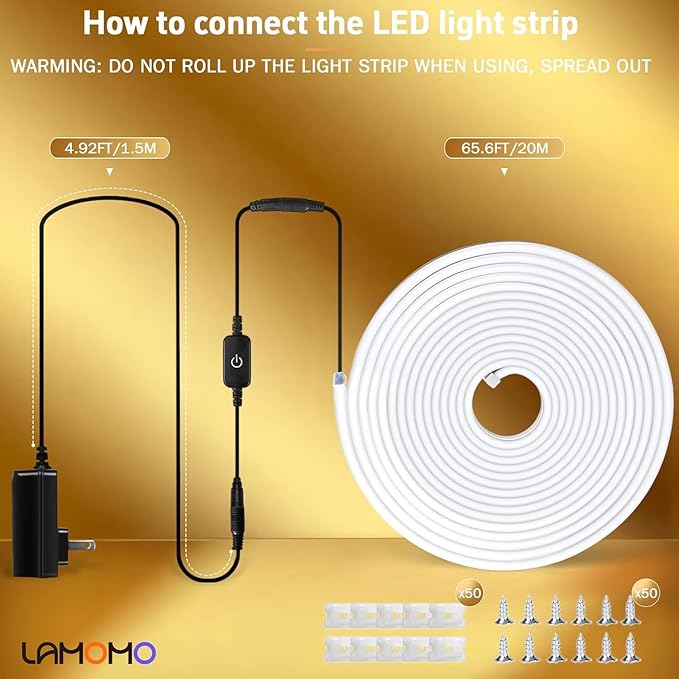 Lamomo Neon Rope Light, 24V Warm White Dimmable Rope Lights, 65.6ft Waterproof Flexible LED Strip Lights, Silicone 3000K Neon LED Strip for Bedroom Indoor Outdoor Decor