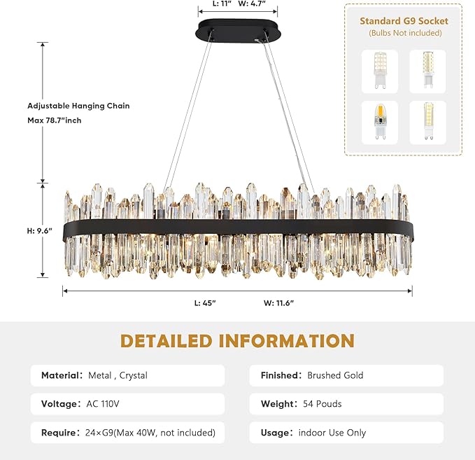 Black Oval Crystal Chandelier L45.3 inch, 24-Lights Chandeliers Modern Crystal Chandelier Pendant Light Fixture G9 Lights Pendant Ceiling Light for Dining Living Room Kitchen Island