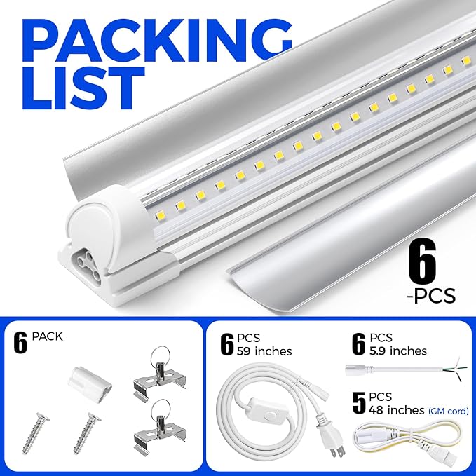 Barrina LED Shop Light 4FT, 40W 5500LM 6500K, Clear Cover Hanging Light Fixture, Linkable Tube Lights, V Shape LED Ceiling Lights for Garage, Warehouse, Workshop, 6 Packs