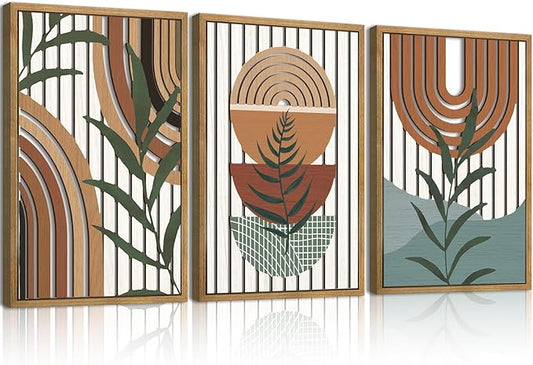 Large Boho Mid Century Wood Wall Art Set,Modern Geometric Leaves Artwork Bohemian Wall Sculptures,Abstract Minimalist Wooden Wall Decor for Living Room Bedroom Office-16 x24 x3