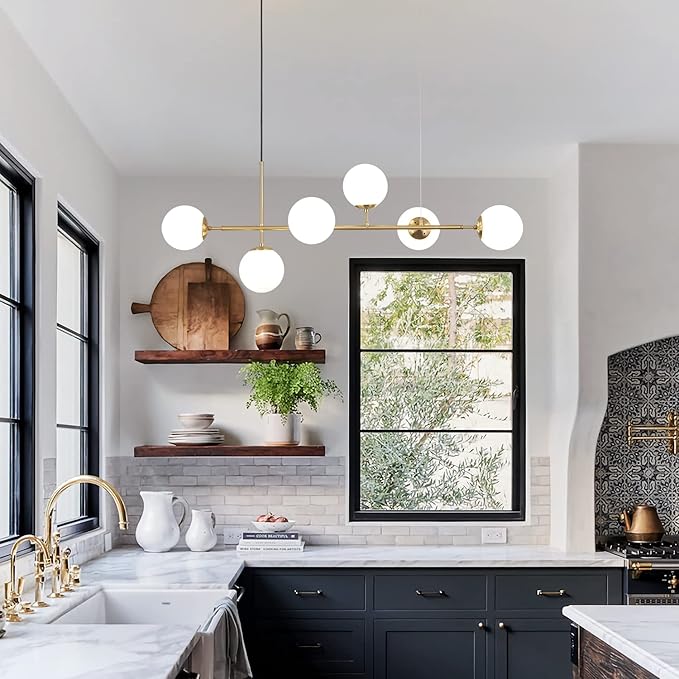 KCO Lighting Modern Globe Linear Chandelier 6 Light Milk Glass Chandeliers White and Gold Pendant Light Fixture Mid Century Rectangle Chandelier Brass Sputnik Island Lights for Kitchen