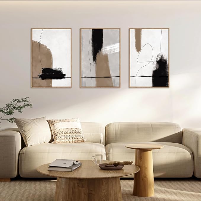 KAIRNE Abstract Neutral Framed Canvas Wall Art Set of 3, Abstract Black Brown Shape Decor, Modern Nordic Style Watercolor Shaped Paintings for Living Room, Bedroom, Office - 16"x24"