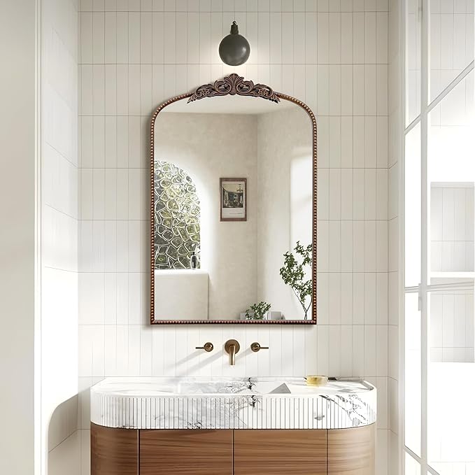 Micasso Traditional Ornate Bronze Mirror: 36" x 24" French Baroque Antique Mirror - Decorative Vintage Arched Mirrors for Wall/Bathroom/Entryway/Hallway - Home Decor for Living Room