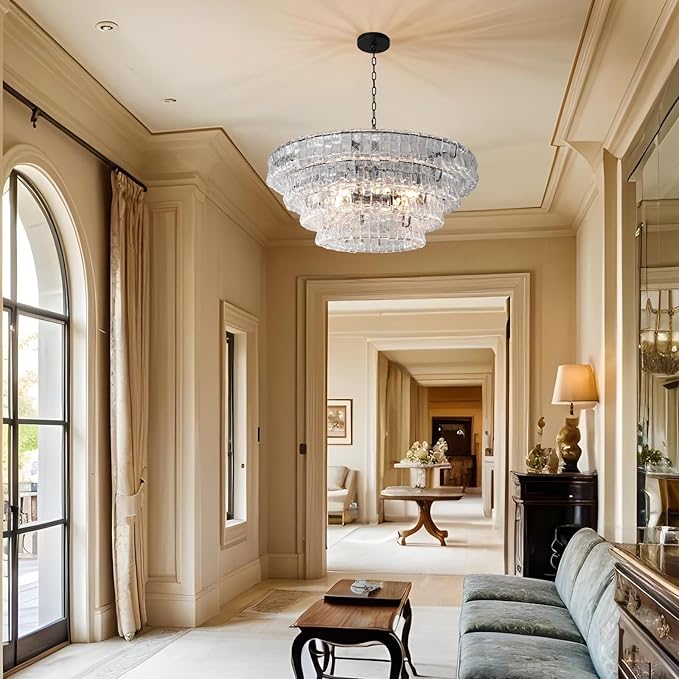 Clear Glass 36 inch Round Chandelier for Dining Room, Modern Drum Black Pendant Light Fixture with Crystal Glass Bubbles, Large Ceiling Light