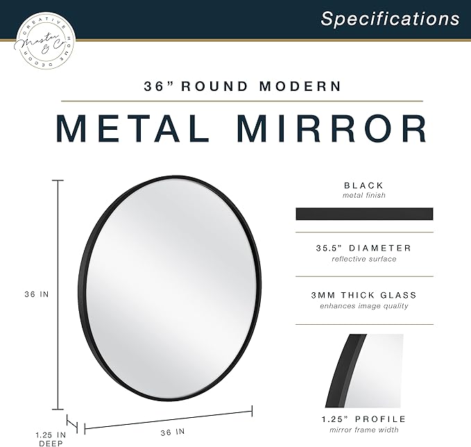 MCS Master & Co. 37.75in Round Metal Black Mirror, Modern Wall Hanging Large Mirror for Bathroom, Bedroom & Livingroom