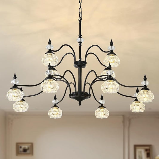 2 Tier Vintage Crystal Chandelier, 41-inch Black Victorian Chandelier 12-Light, Antique Pendant Light for Living Room, Bedroom, Dining Room, High Ceiling, G9