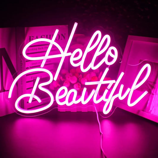 Looklight Hello Beautiul Neon Sign Wedding Neon Lights for Wall Decor Pink Led Lights Up Connectivity Wedding Engagement Birthday Party Girls Bedroom Gifts for Lovers